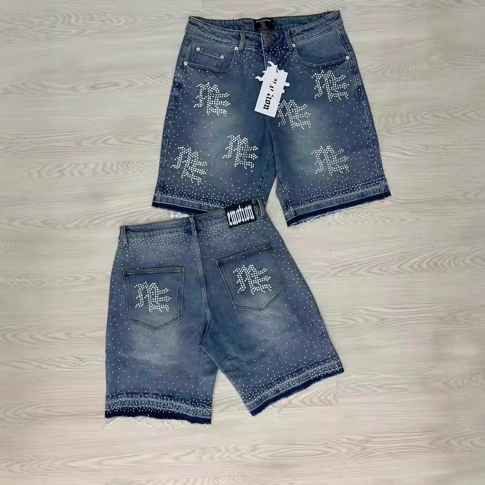 European And American Street Hip-hop Designer Jeans Luxury Men Retro Starry Sky Letter Diamond Denim Shorts Y2K Youth Trend Casual Versatile Loose Spo