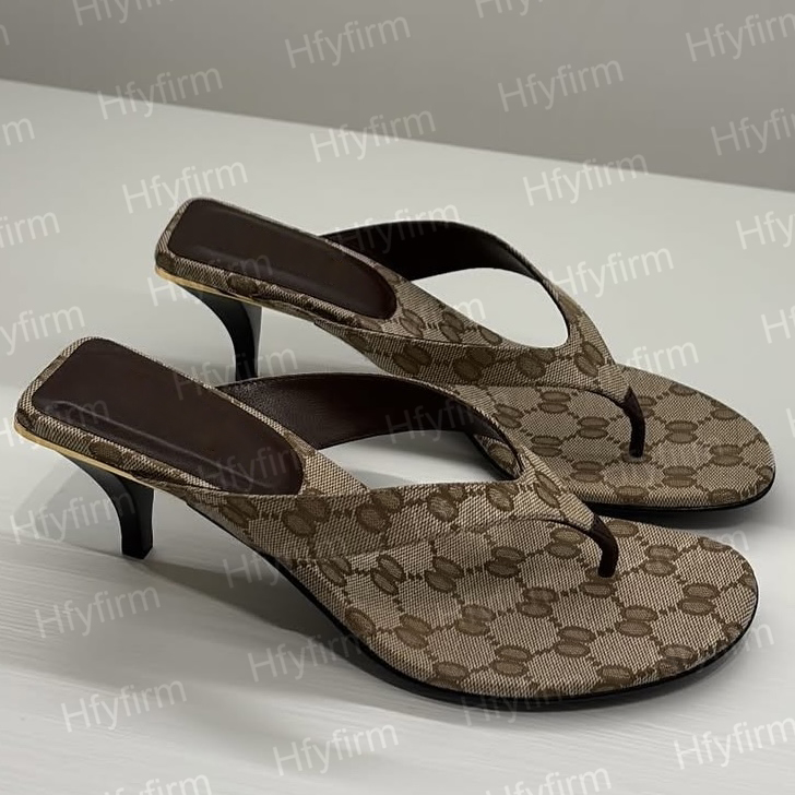 Designer Vittoria Thong Sandals Women Kitten Heels Flip Flops Summer Beach Luxury Canvas Heel High Leather Slippers Fall Mules Pumps Lady Heeled Size 35-42