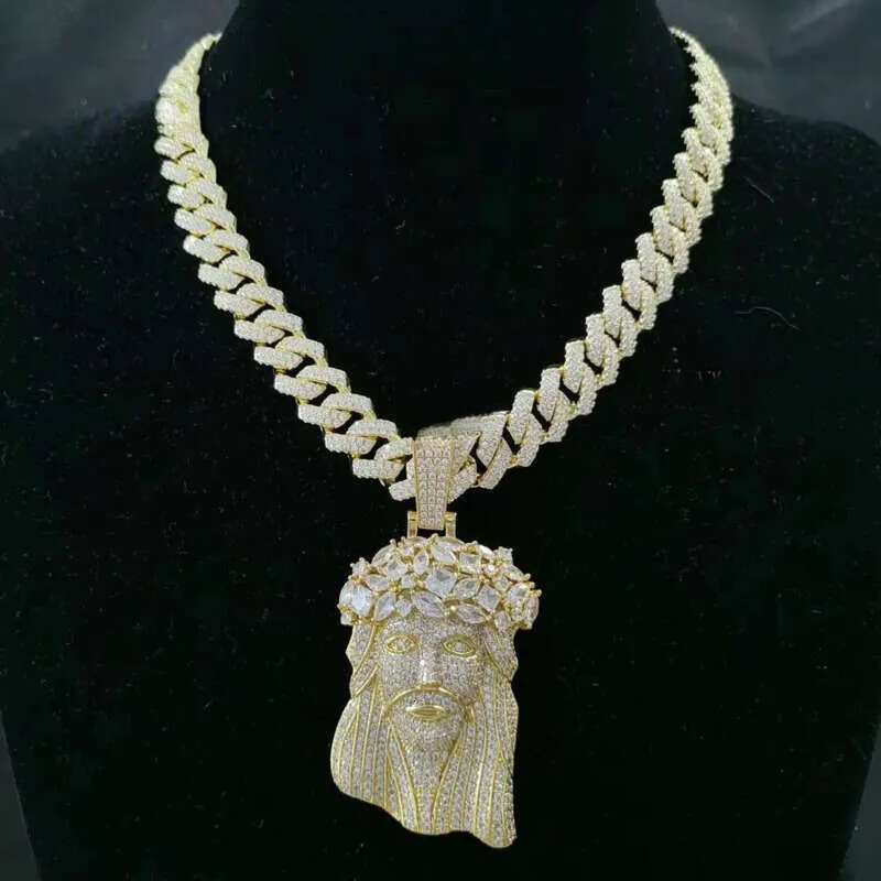 Iced Out Big Size Gold Plated Brass 5A CZ Dia Jesus Head Pendant Necklace With 13mm Cuban Link Chain for Men aaa