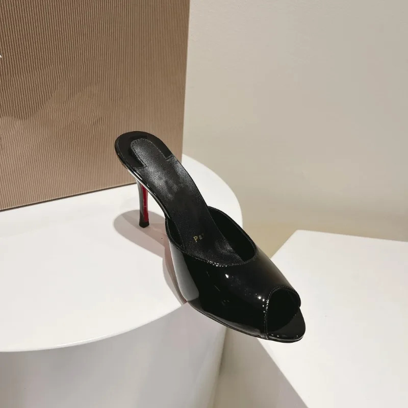 patent leather nude high heels stiletto round head opentoed fish mouth shoes sexy outer slippers muller 260418