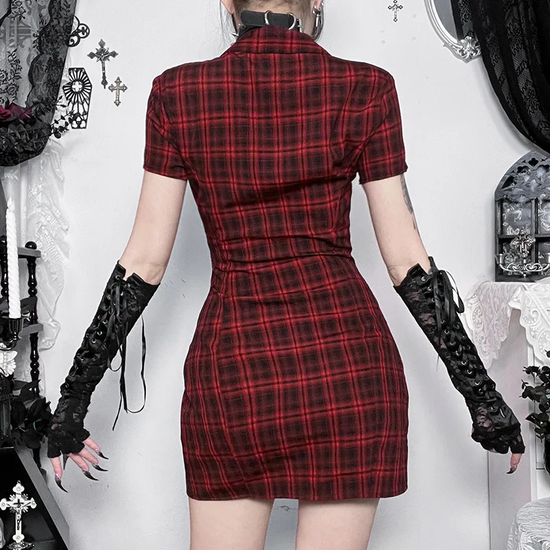 Summer American Dark Gothic Punk Dress Casual Short Sleeve Single Breasted Plaid Mini Harajuku Fashion Y2K 260414