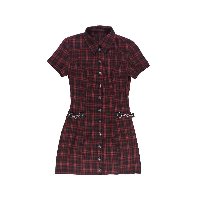 Summer American Dark Gothic Punk Dress Casual Short Sleeve Single Breasted Plaid Mini Harajuku Fashion Y2K 260414