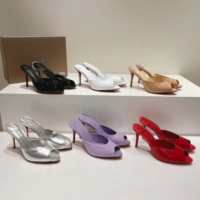 patent leather nude high heels stiletto round head opentoed fish mouth shoes sexy outer slippers muller 260418