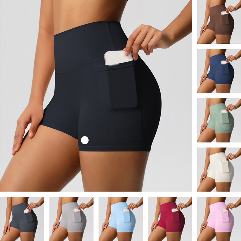 womens Yoga side pocket Shorts Plain Reversible Brushed Slim-fit High-waisted stretch fitness