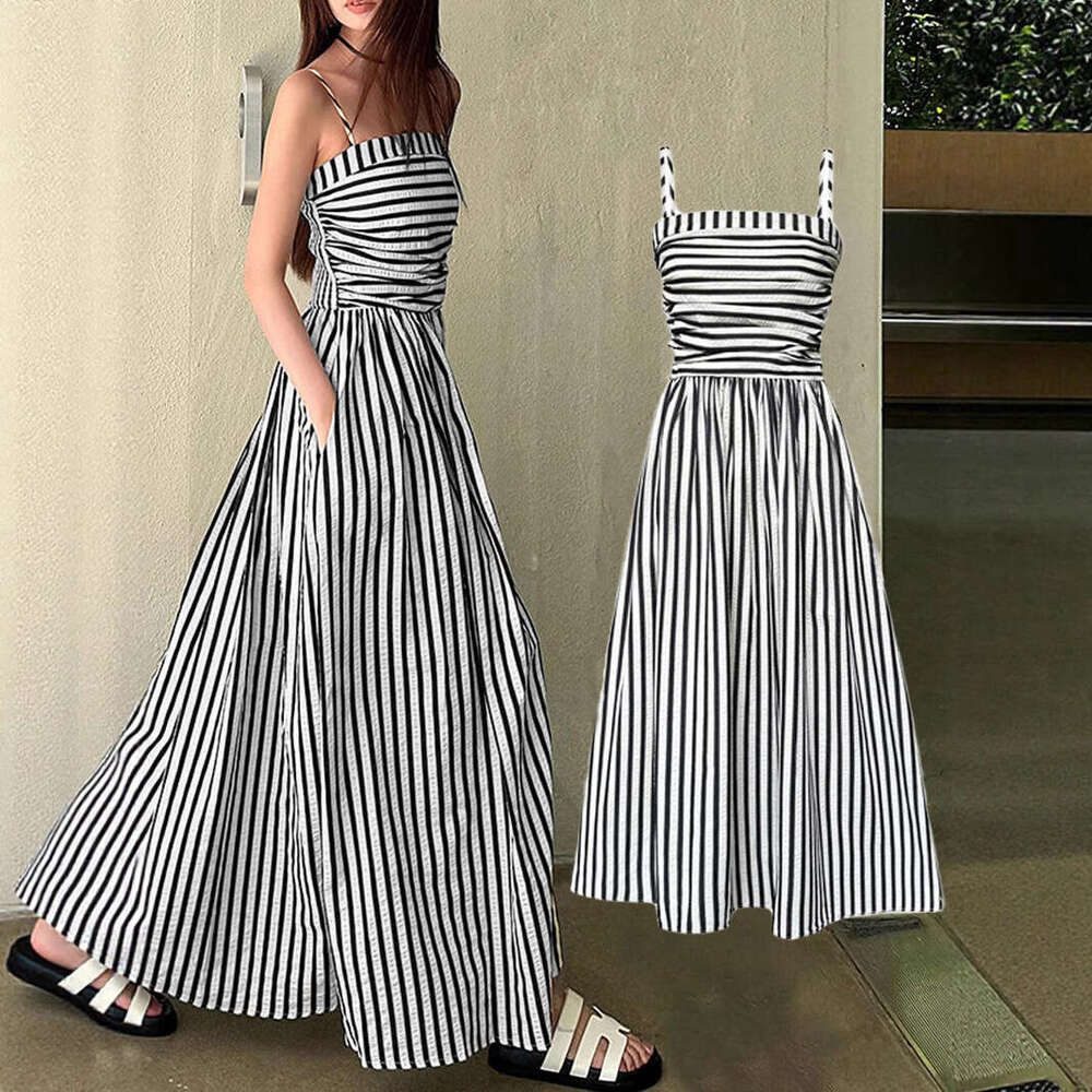 2026 Summer New European American Striped Sling Dress, Women's Elegant Waist-Cinched Off-Shoulder Camisole Maxi Dress for Cross-Border MAKOUFEI
