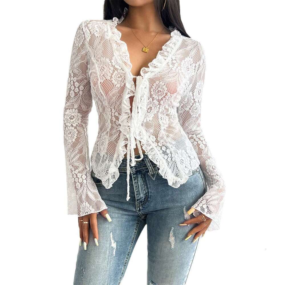 2026 Spring Summer In-Stock Women's Y2K Hollow Out Lace V-Neck Long Sleeve Cardigan Cross-Border Hot Sale Top MAKOUFEI