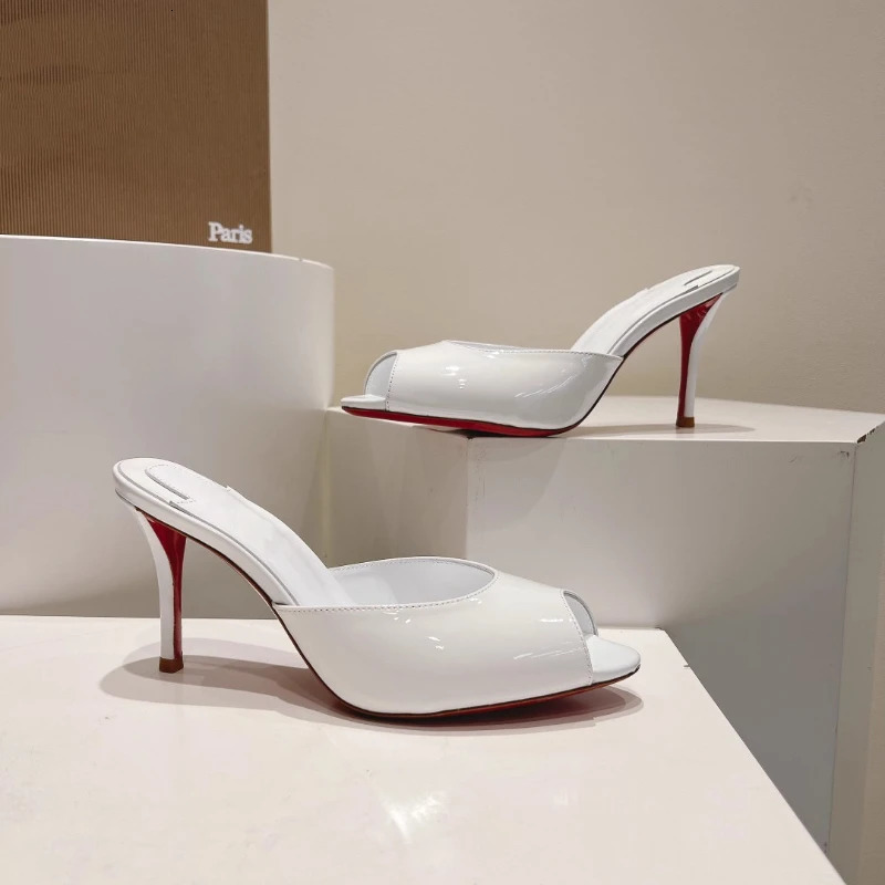 patent leather nude high heels stiletto round head opentoed fish mouth shoes sexy outer slippers muller 260418