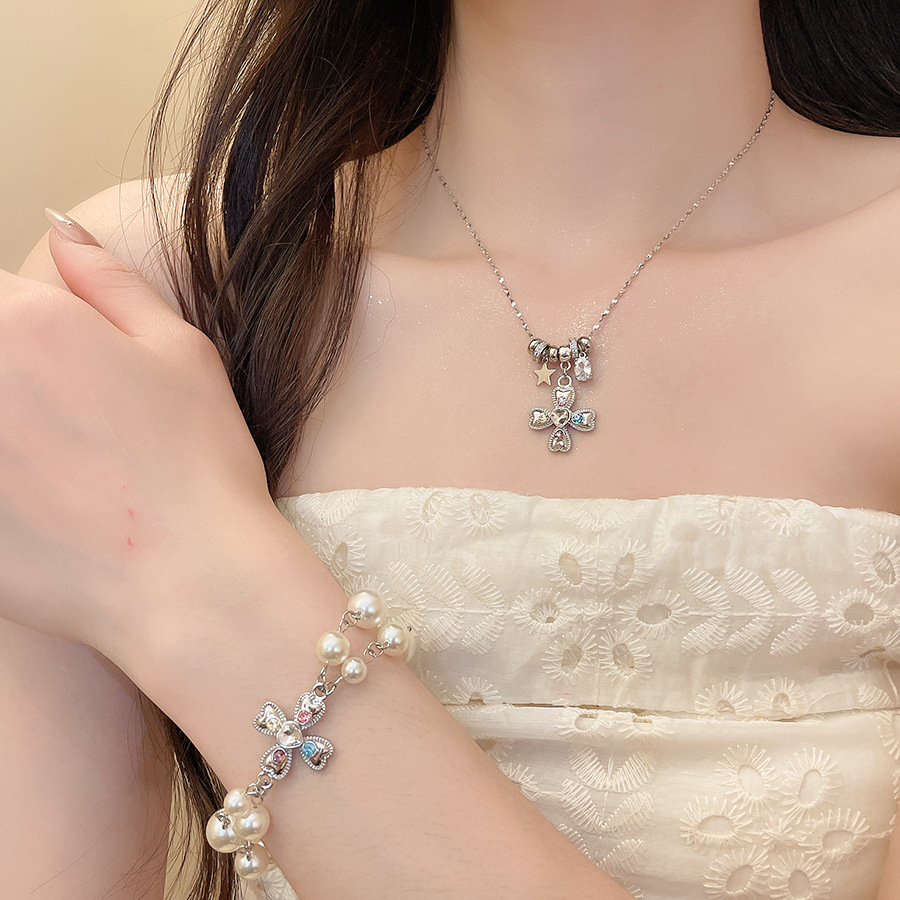Sweet cool style diamond-encrusted cross pearl bracelet and necklace, personalized fashion ins jewelry set, light luxury niche accessories - view 3