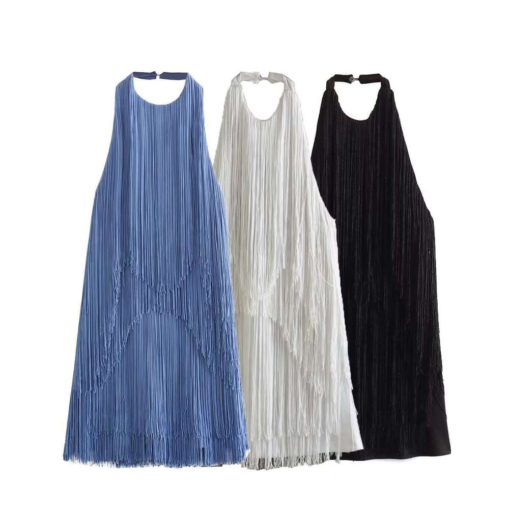 Wholesale Women's Summer Halter Neck Sleeveless Tassel Mini Dress Elegant Fashion Casual Party Dress for Cross-Border MAKOUFEI