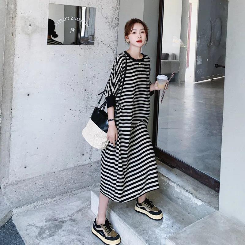 Q0406 Age-Reducing Ice Silk Striped T-Shirt Lazy Skirt Summer New Lazy Wind Knee Dress Women