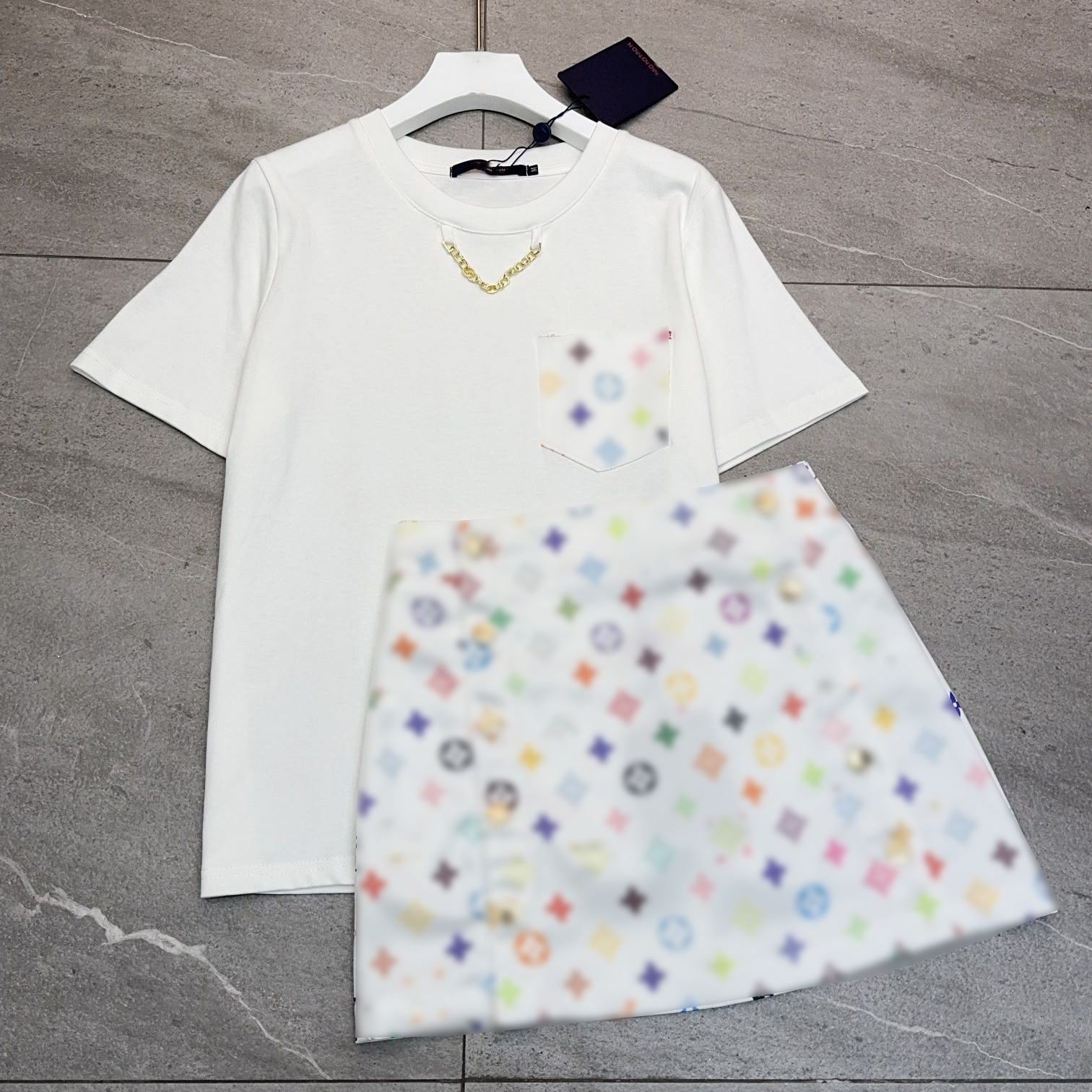 2026 New Women's Summer Casual Two Piece Set Luxury Designer Floral Letter Print T Shirt High Waist Button A Line Mini Skirt