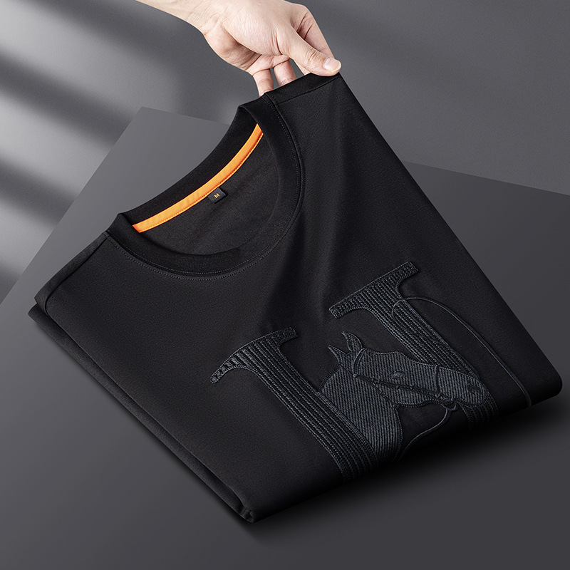 2026 Summer Bestselling New Men's Short Sleeve T-Shirt with Letter Embroidery Design Drape Feeling Ice Silk Comfortable Round Neck Versatile Casu