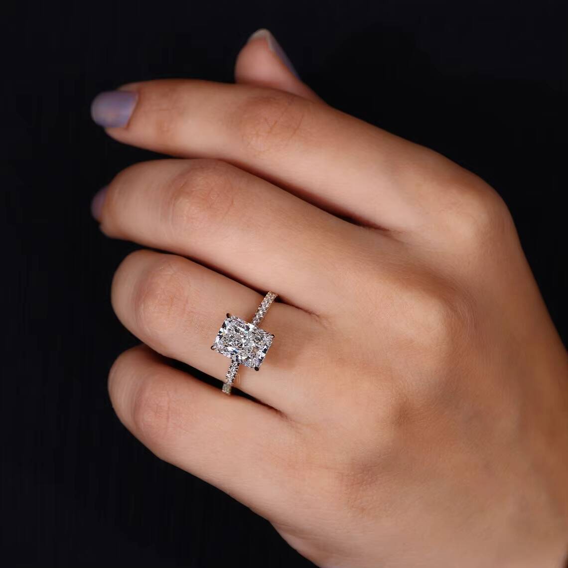Custom 1-3 CT Radiant Cut CZ Diamond Engagement Ring 925 Sterling Silver Trendy Hidden Halo Design Pave Setting Wedding Band
