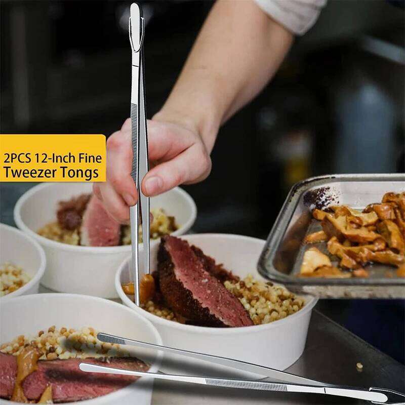 LMETJMA 2Pcs Kitchen Heavy Duty Stainless Steel Food Tongs Chef Tweezers For BBQ Grilling Cooking JT349
