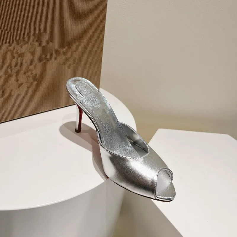 patent leather nude high heels stiletto round head opentoed fish mouth shoes sexy outer slippers muller 260418