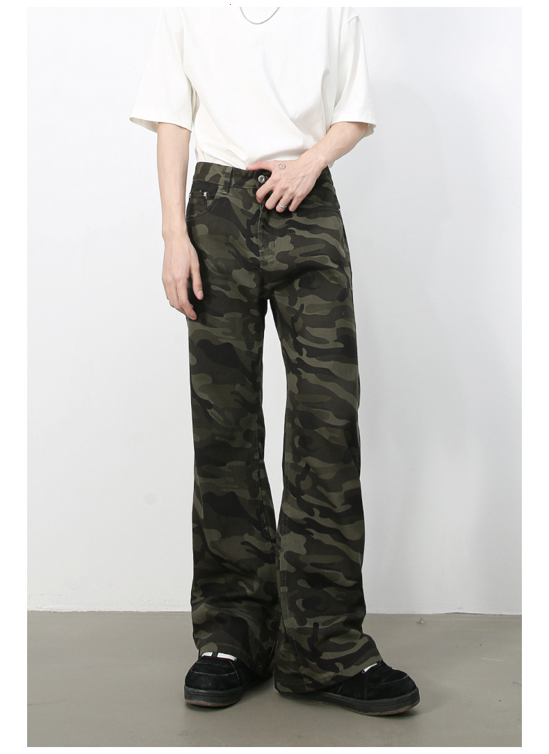 American Retro Camouflage Designer Micro Flared Jeans Luxury Men's Street Straight Leg Trendy Brand Casual Loose Pants Youth Outdoor Hiking Basic