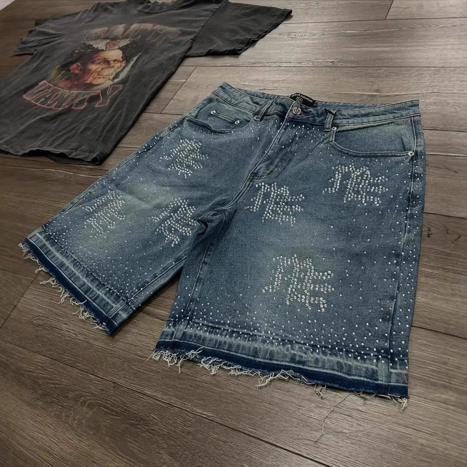 European And American Street Hip-hop Designer Jeans Luxury Men Retro Starry Sky Letter Diamond Denim Shorts Y2K Youth Trend Casual Versatile Loose Spo