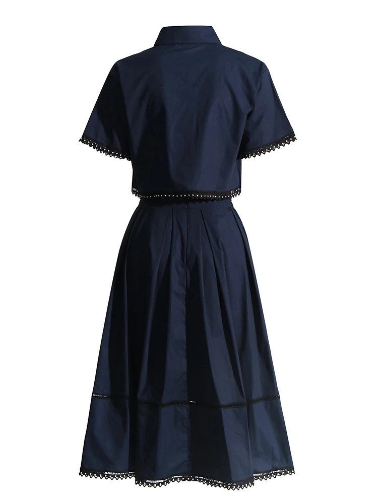 TWOTYLE Solid Summer Two Piece Sets For Women Lapel Short Sleeve Tops High Waist A Line Skirt Slim Set Female Fashion 260418