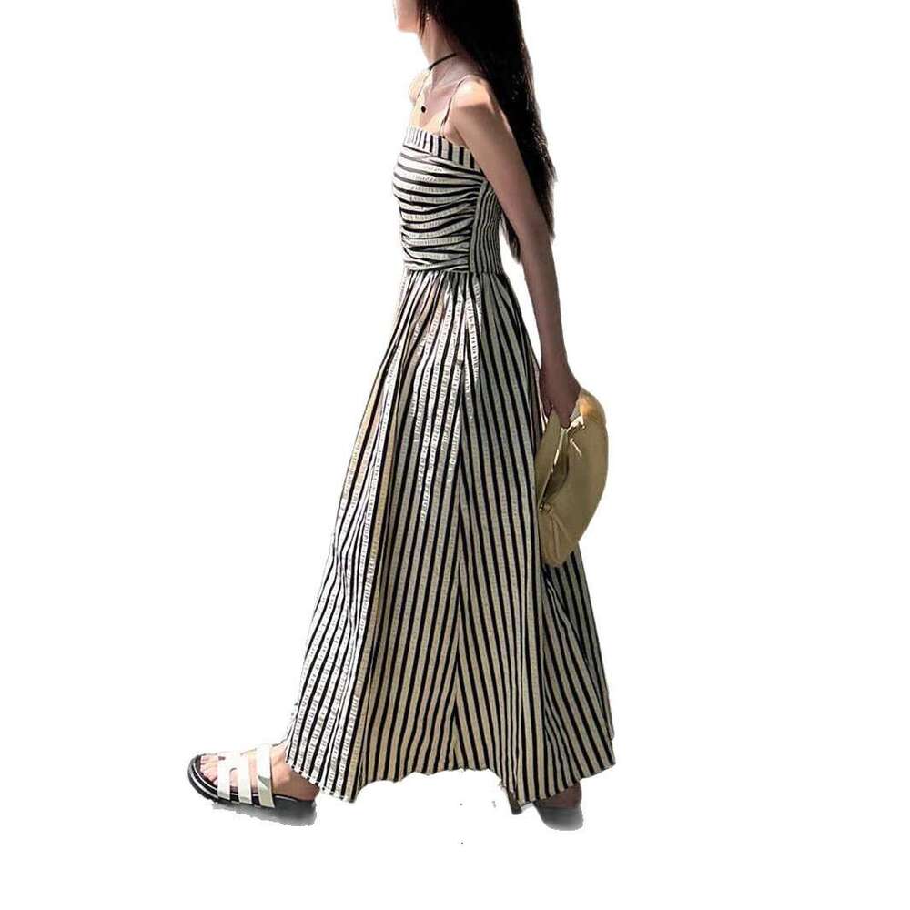 2026 Summer New European American Striped Sling Dress, Women's Elegant Waist-Cinched Off-Shoulder Camisole Maxi Dress for Cross-Border MAKOUFEI