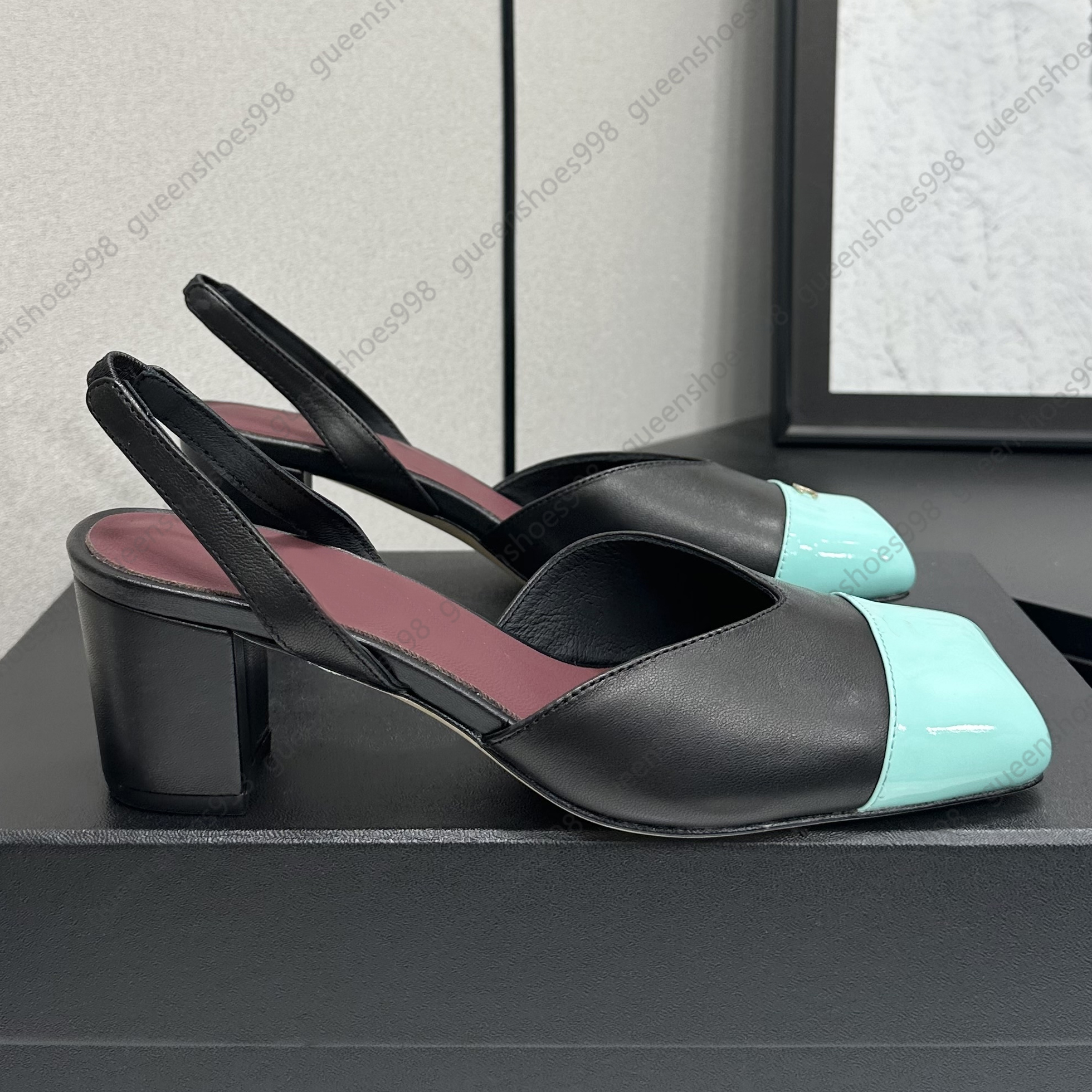 Elegant 6cm low heel sandals leather women luxury designer dress shoes mint color splicing casual elastic ankle strap slingbacks high quality party shoes size 35-41