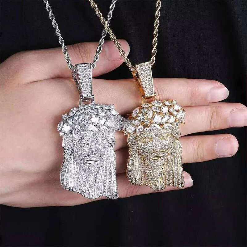 Iced Out Big Size Gold Plated Brass 5A CZ Dia Jesus Head Pendant Necklace With 13mm Cuban Link Chain for Men aaa