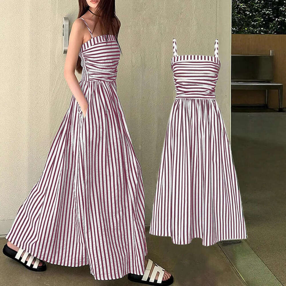 2026 Summer New European American Striped Sling Dress, Women's Elegant Waist-Cinched Off-Shoulder Camisole Maxi Dress for Cross-Border MAKOUFEI