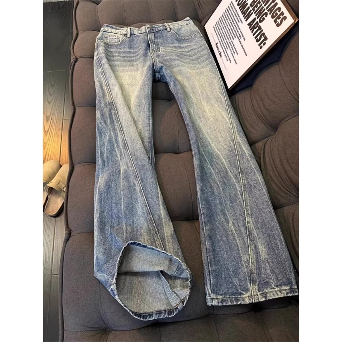 Lightning Pattern Designer Jeans Luxury Men's Washed And Plush Warm Pants Street Trend Brand Narrow Fit Straight Tube Micro Flared Jeans Hip-hop 