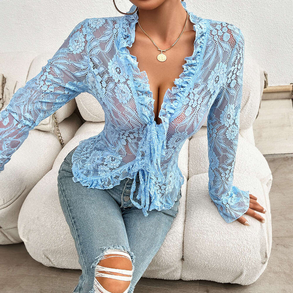 2026 Spring Summer In-Stock Women's Y2K Hollow Out Lace V-Neck Long Sleeve Cardigan Cross-Border Hot Sale Top MAKOUFEI