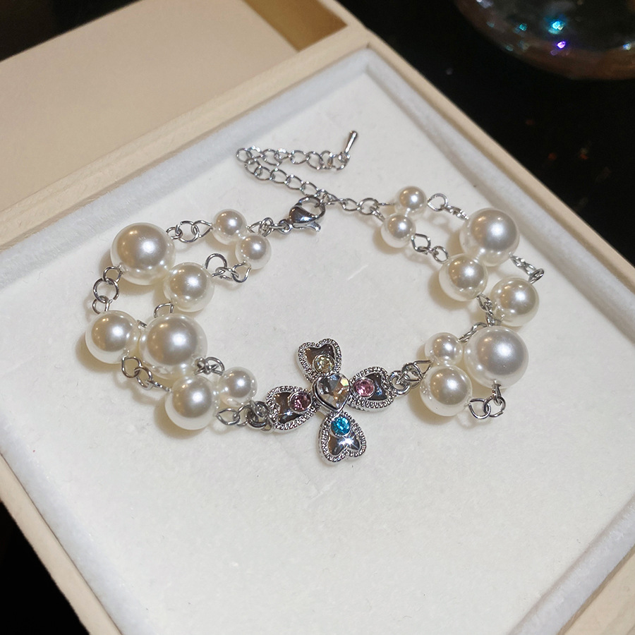 Sweet cool style diamond-encrusted cross pearl bracelet and necklace, personalized fashion ins jewelry set, light luxury niche accessories - view 8