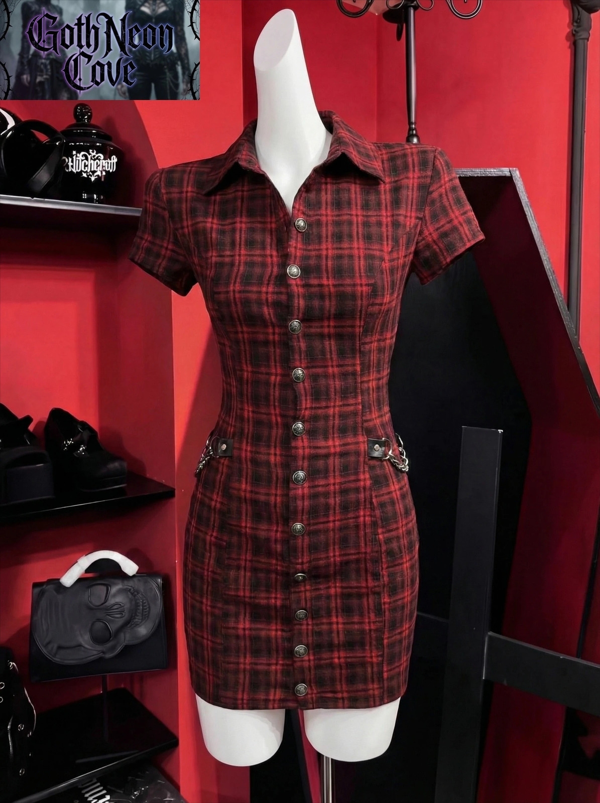 Summer American Dark Gothic Punk Dress Casual Short Sleeve Single Breasted Plaid Mini Harajuku Fashion Y2K 260414