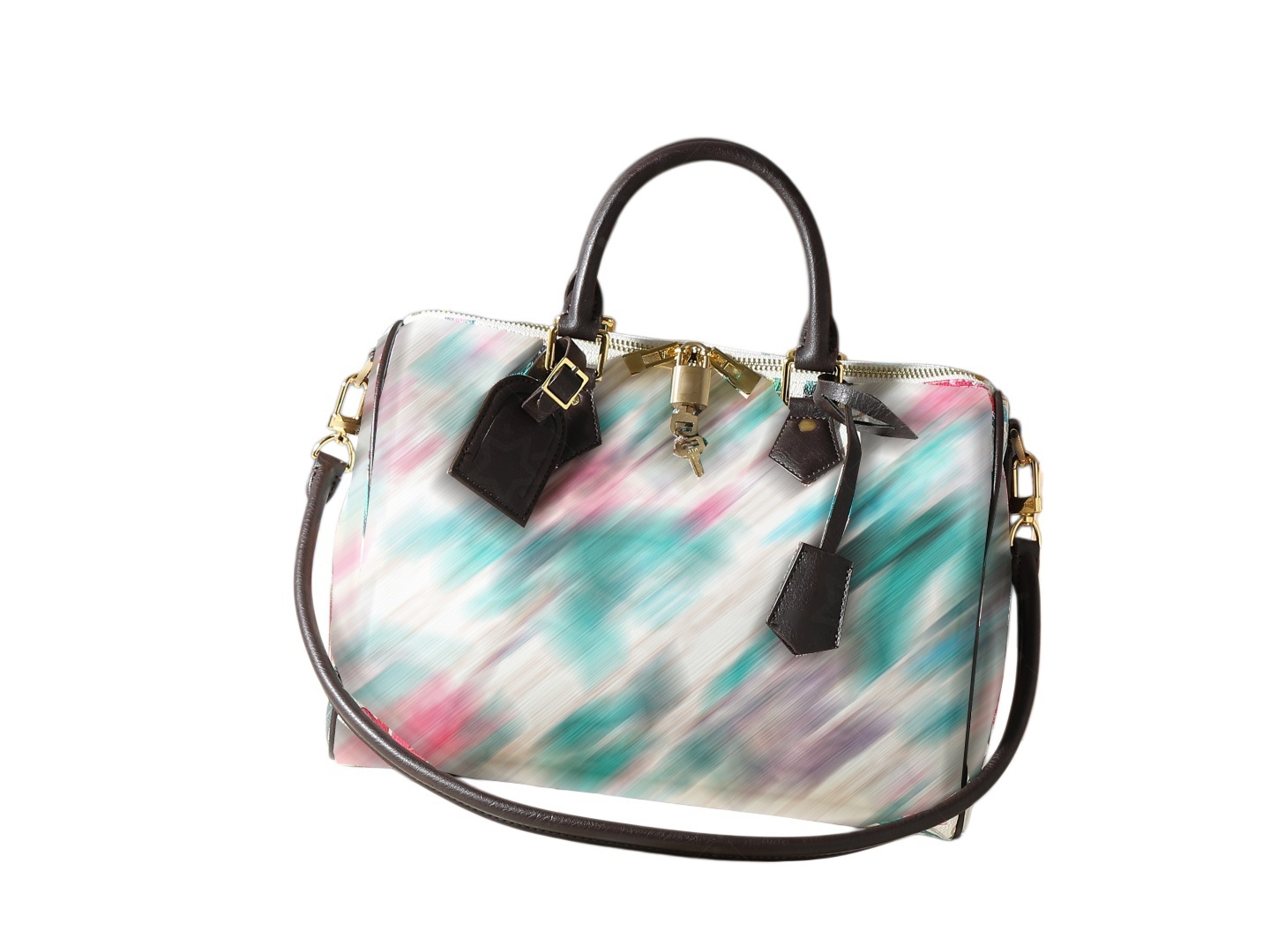 This designer bag features a color-block leather key pouch and name tag, with a zippered interior pocket and a detachable shoulder strap adding refi