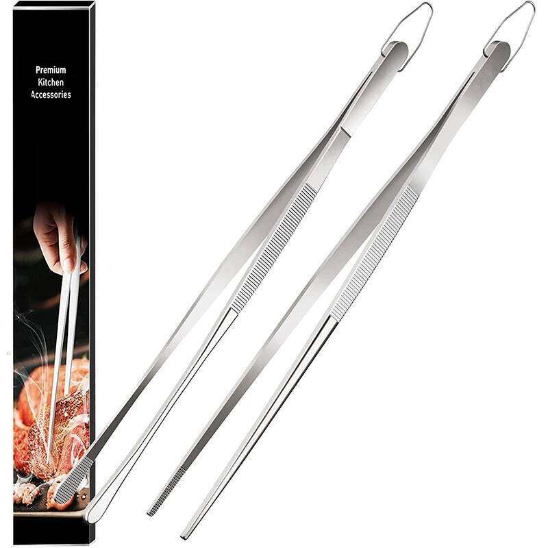 LMETJMA 2Pcs Kitchen Heavy Duty Stainless Steel Food Tongs Chef Tweezers For BBQ Grilling Cooking JT349