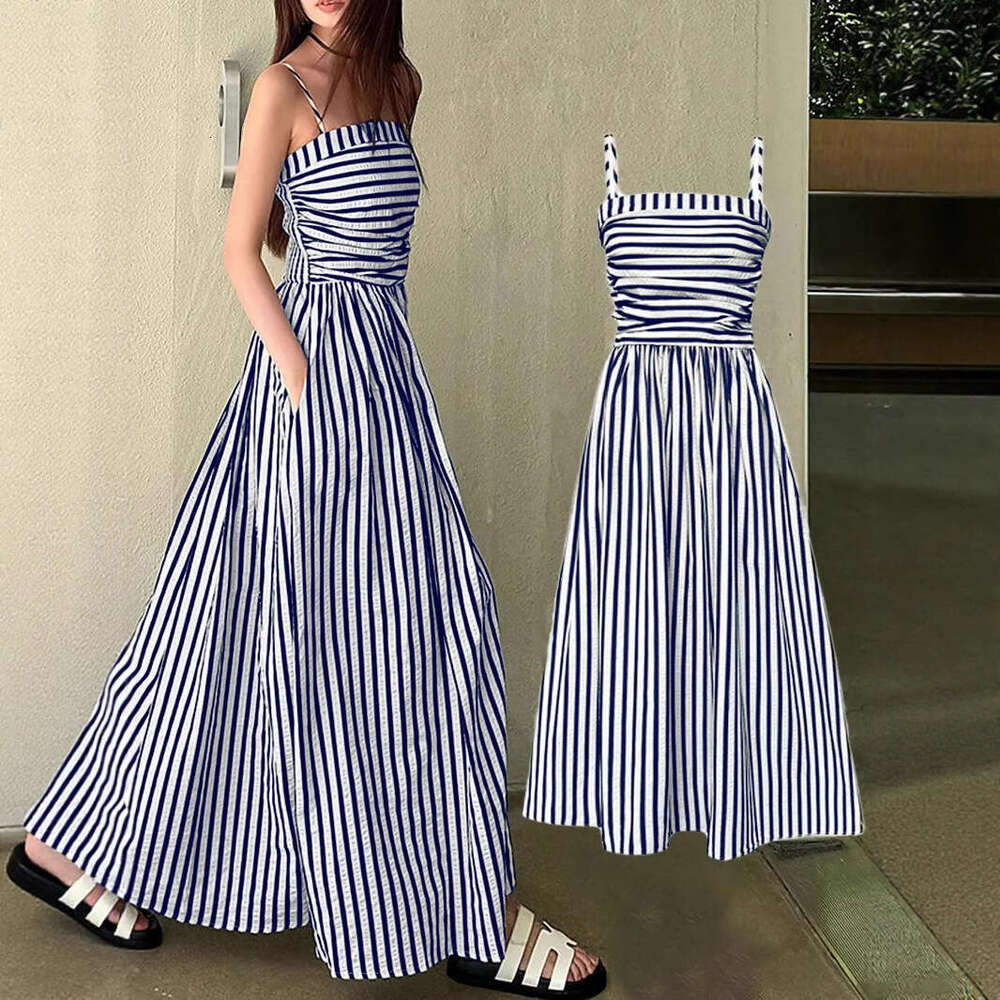 2026 Summer New European American Striped Sling Dress, Women's Elegant Waist-Cinched Off-Shoulder Camisole Maxi Dress for Cross-Border MAKOUFEI