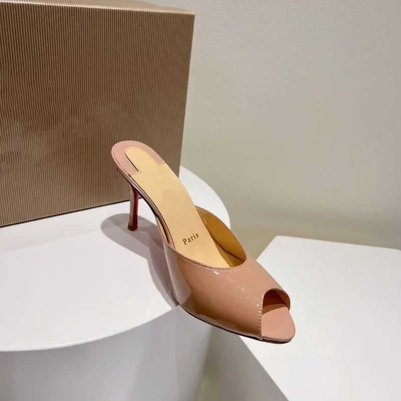 patent leather nude high heels stiletto round head opentoed fish mouth shoes sexy outer slippers muller 260418