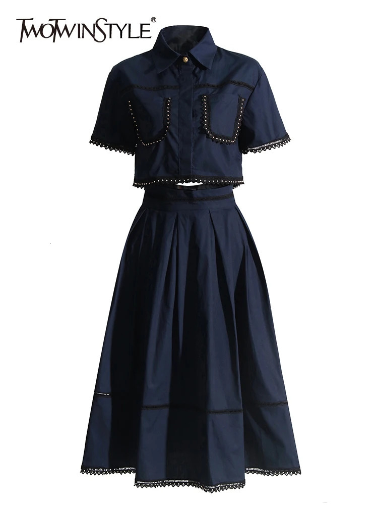 TWOTYLE Solid Summer Two Piece Sets For Women Lapel Short Sleeve Tops High Waist A Line Skirt Slim Set Female Fashion 260418