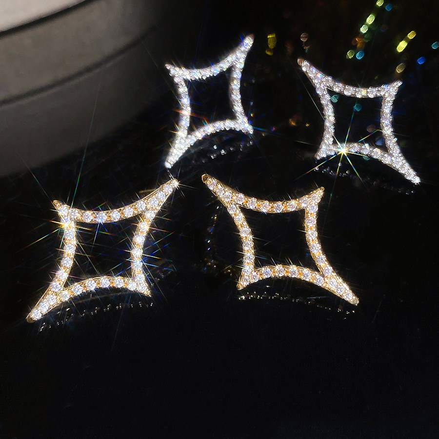 18k real gold plated silver needle zircon diamond-shaped star light luxury and elegant earrings, niche high-end earrings for women - view 4