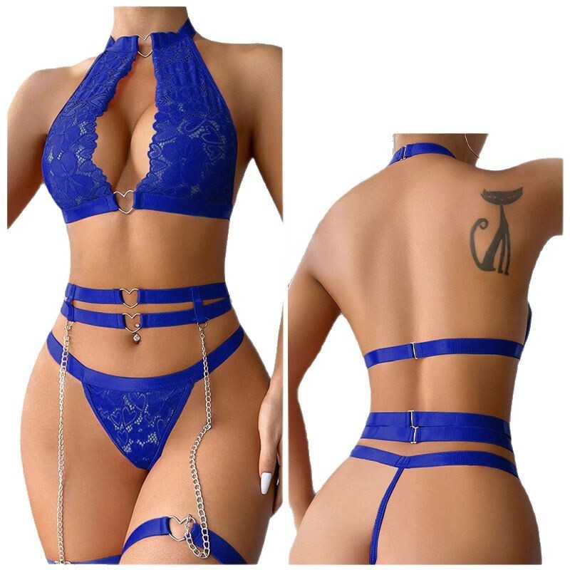Designer luxury 2026 European and American New Style Sexy Lingerie Set with Metal Heart Chain, Push-Up Garter Belt, Panties, and Lace Temptation Set