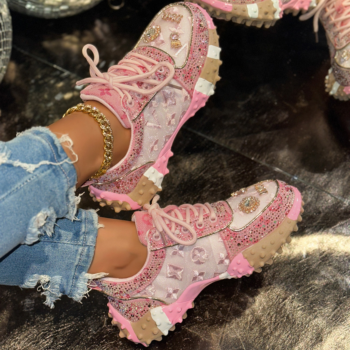 Designer Rhinestone Chunky Sneakers Sparkly Platform Dad Shoes for Women European Style Street Fashion New Summer Thick Sole Casual Sports Rhinestone 