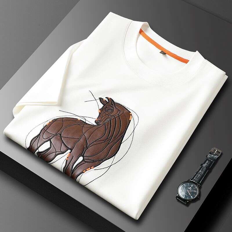 Xiu Ma Jia~New Product: Horse Leather Patch Embroidered Fashion Casual Men's Niche Stylish Tencel Cotton Round-Neck Short-Sleeve T-Shirt Asia Siz