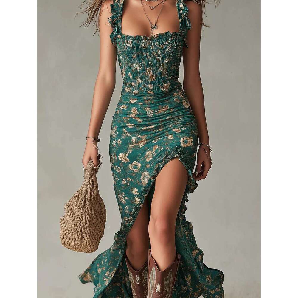 Women Elegant Floral Beach Vacation Streetwear Sexy Low Cut Beach Party Slim Slit Dress Chic Bodycon Lady Sleeveless Vestidos Dress Chinese Style Embr