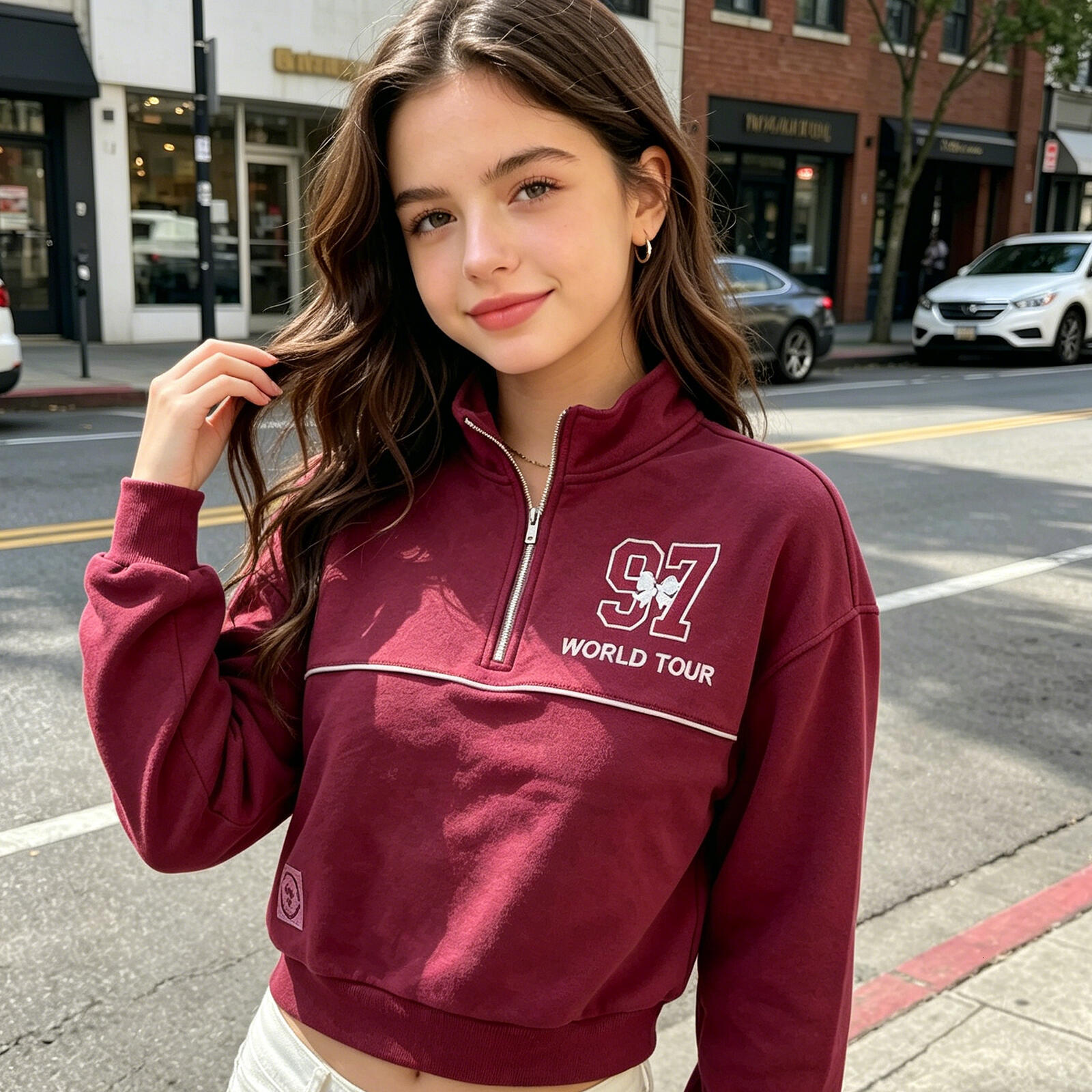 Kids Girls Pink Half Zip Sweatshirt, "97 WORLD TOUR" City Print Pullover with Bow Detail