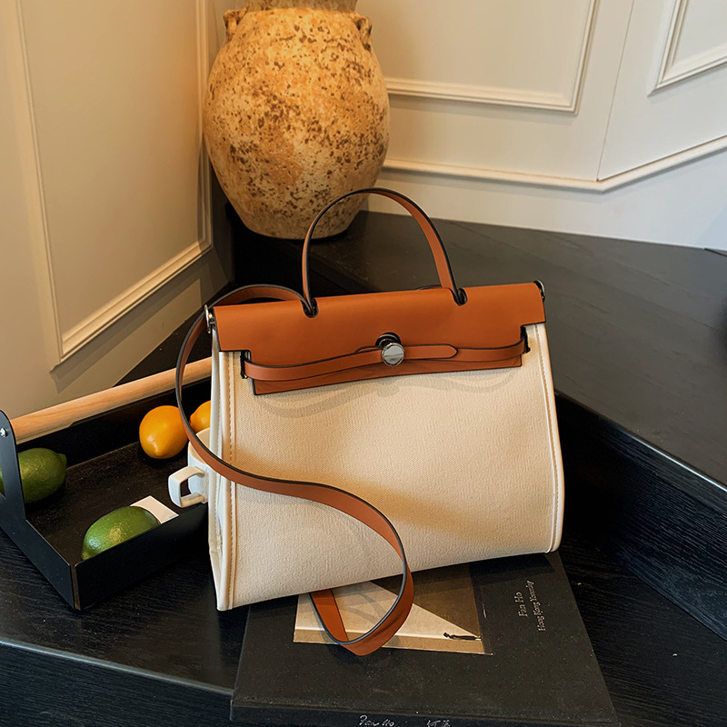 Free Shipping High Value Beige and Brown Canvas Tote Bag Color Block Design Large Capacity Casual Shoulder Crossbody Bag