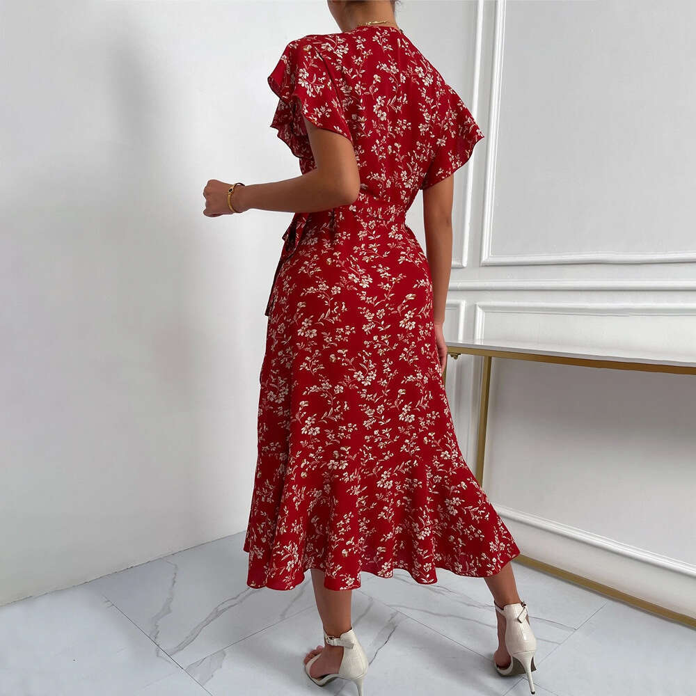 Women Sexy Deep V Lace Up Floral Maxi Dress Fashion High Waist Cinch Vacation Beach Party Long Dress Summer Hot Sale MAKOUFEI
