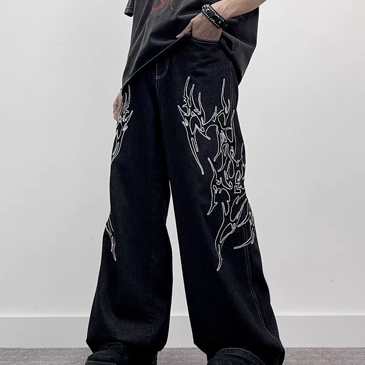 American Grid Hot Stamping Designer Loose Jeans Luxurious Men's Straight Tube Splicing Splashed Ink Micro Horn Pants Street Hip-hop Retro Youth S