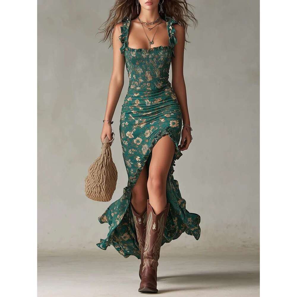 Women Elegant Floral Beach Vacation Streetwear Sexy Low Cut Beach Party Slim Slit Dress Chic Bodycon Lady Sleeveless Vestidos Dress Chinese Style Embr