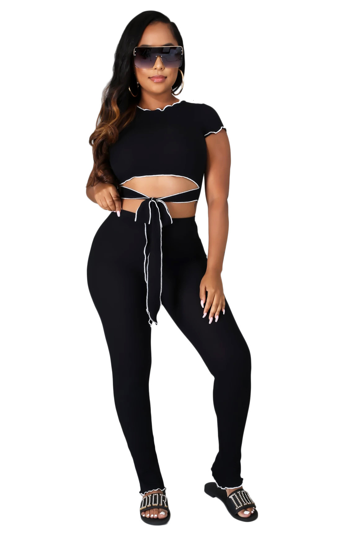 9352 Womens Casual Solid Color Cropped Two-Piece Outfit 201104