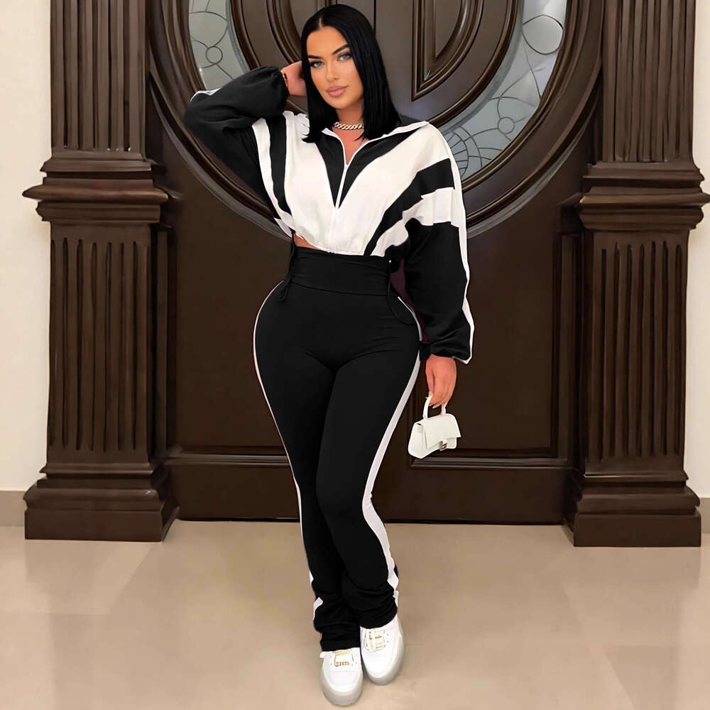 LuxuryColor Block Patchwork Sports Women's Fashion Casual High Waist Pants + Cardigan Jacket Two-Piece Set - view 4