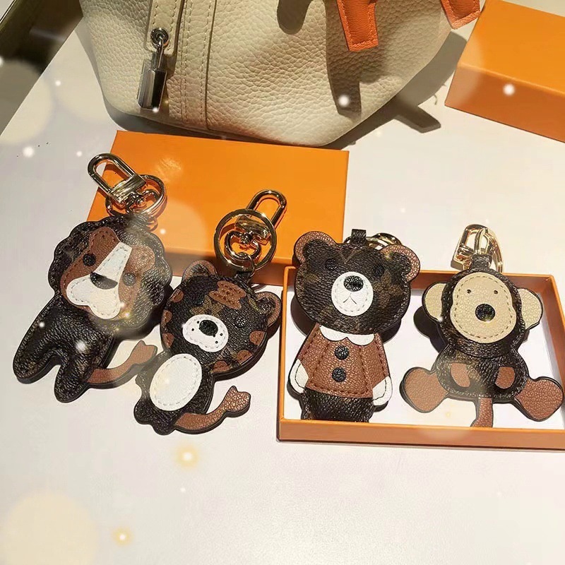 Classic Vintage Flower Bag Charms Monkey Tiger Lion Bear French Bulldog Pendant Cute Genuine Leather Car Keychain