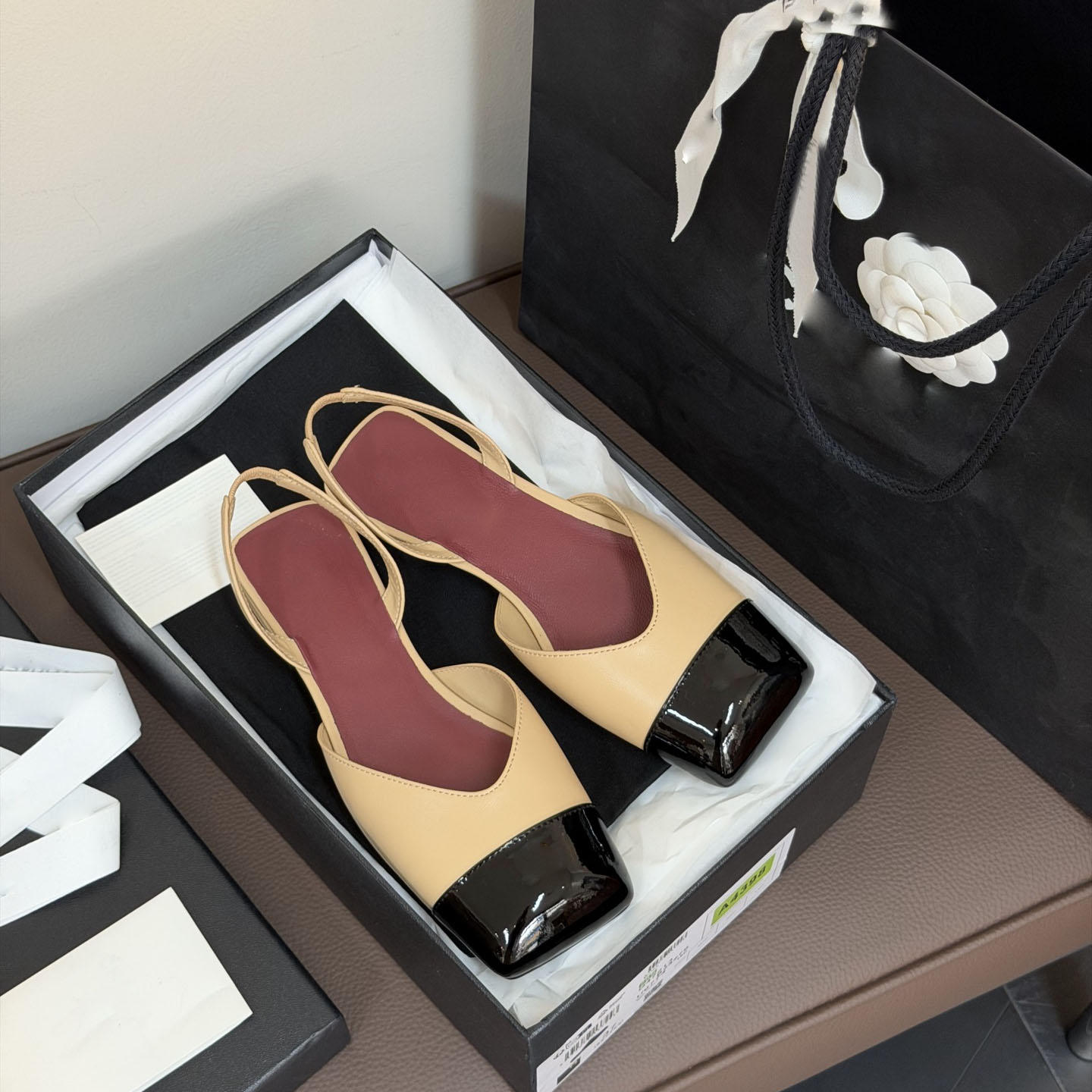 New SS26 Square Toe Color Block Slingback Flats Premium Lambskin Cowhide Stitching Leather Italian Leather Sole Elegant Women Casual Mary Jane