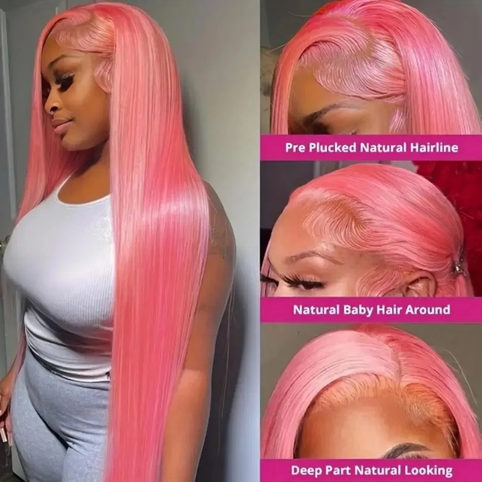 Pink Wig Straight Human Hair Wigs 30 32 Inch 13X6 Hd Lace Frontal Wigs Colored Brazilian Wigs Original For Women